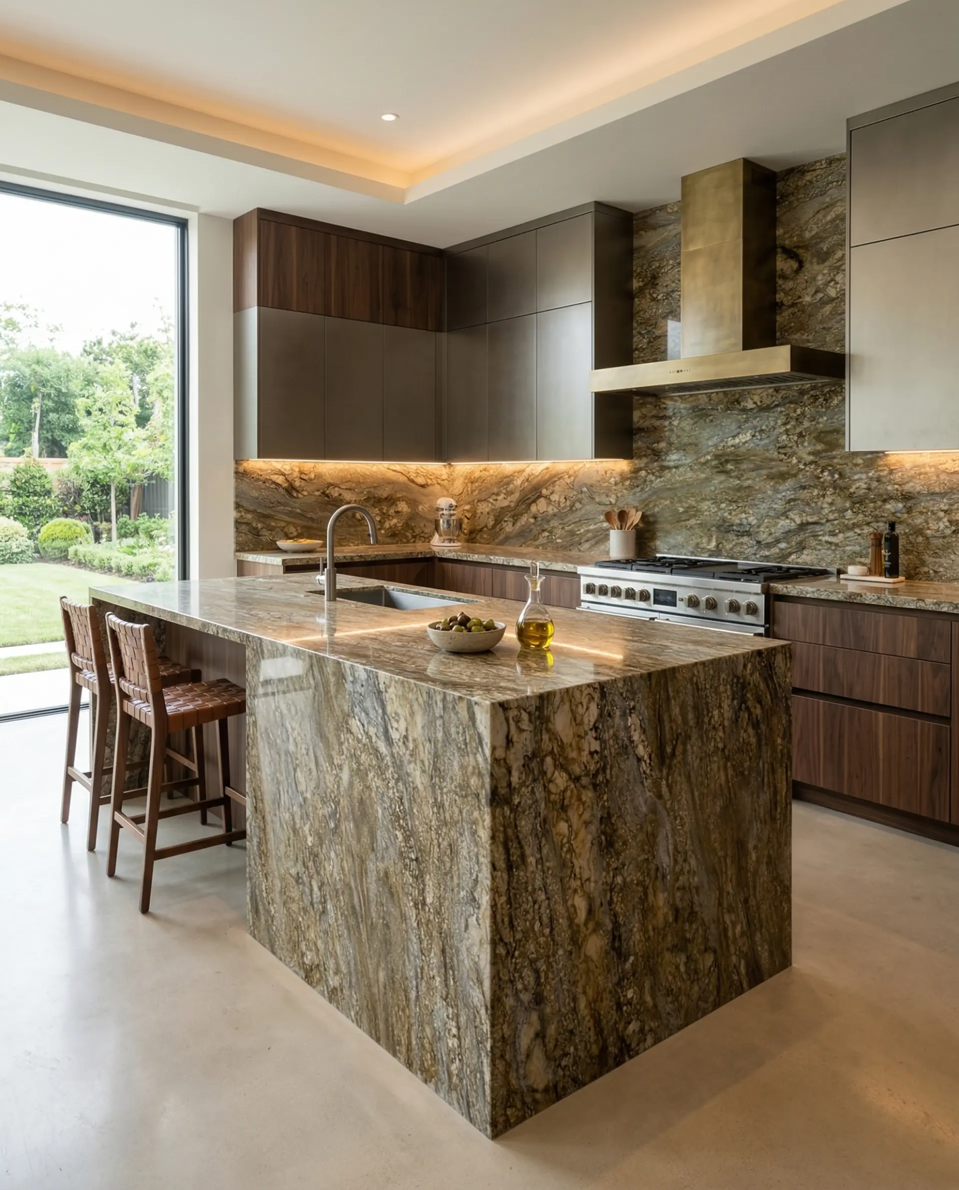 Contemporary kitchen with a richly veined natural-stone island and backsplash